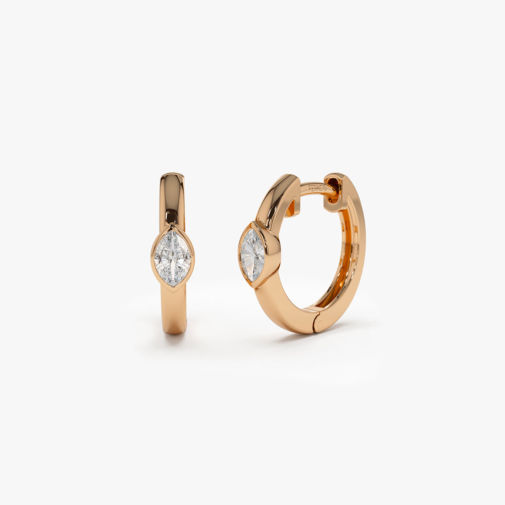 OBFJ0118 - 14K Rose Bezel Setting Marquise Diamond Mini Hoops 1
