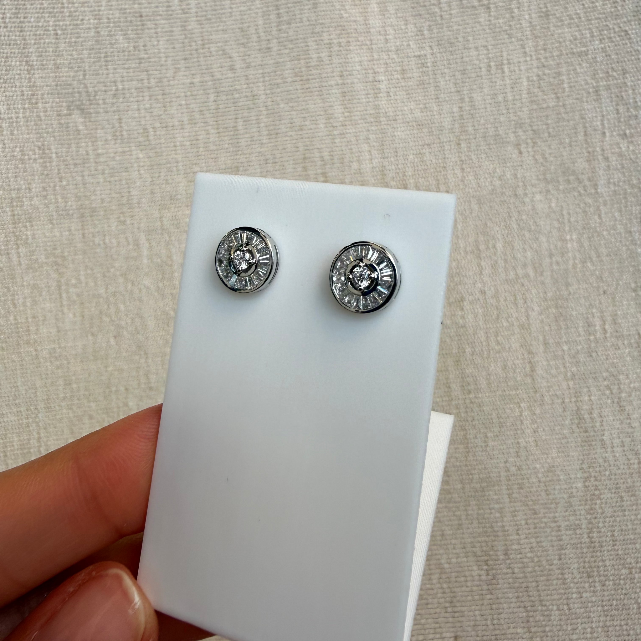 OBFJ0062 - 14k Gold Baguette Halo and Round Diamond Earrings 4