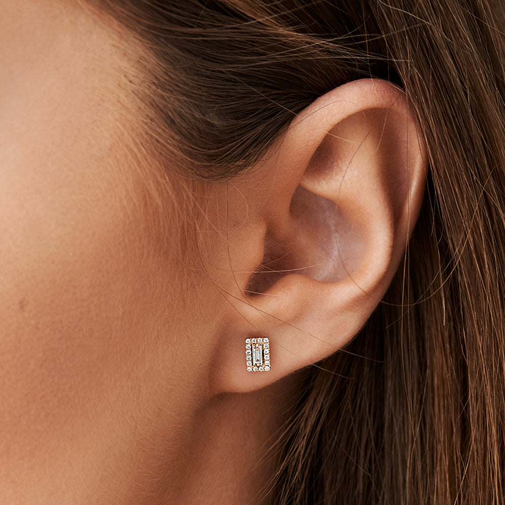 OBFJ2126 - 14k Baguette Diamond Halo Setting Diamond Studs 3
