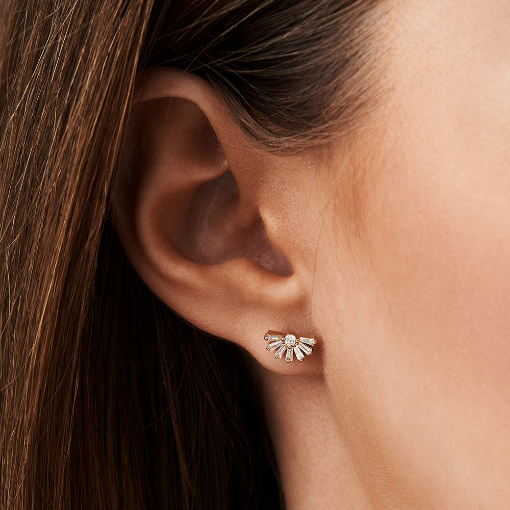 OBFJ0178 - 14k Rose Half Round Tapered Baguette Diamond Studs 2