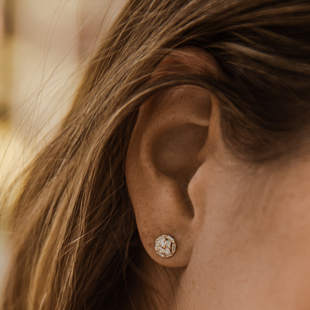 OBFJ0167 - 14k Rose Gold Baguette and Round Diamond Cluster Studs 2