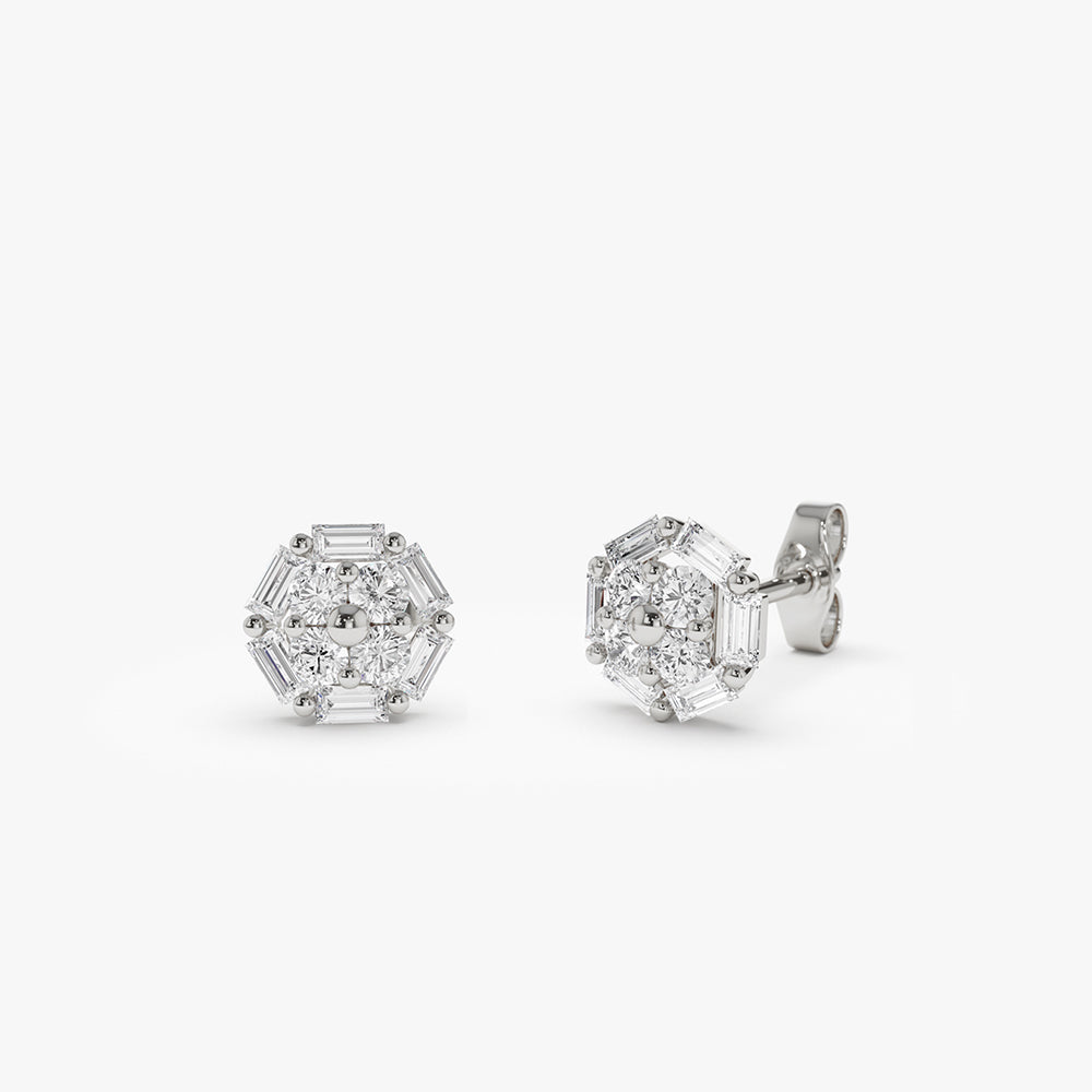 OBFJ2132 - 14k Gold Baguette and Round Diamond Cluster Studs 4