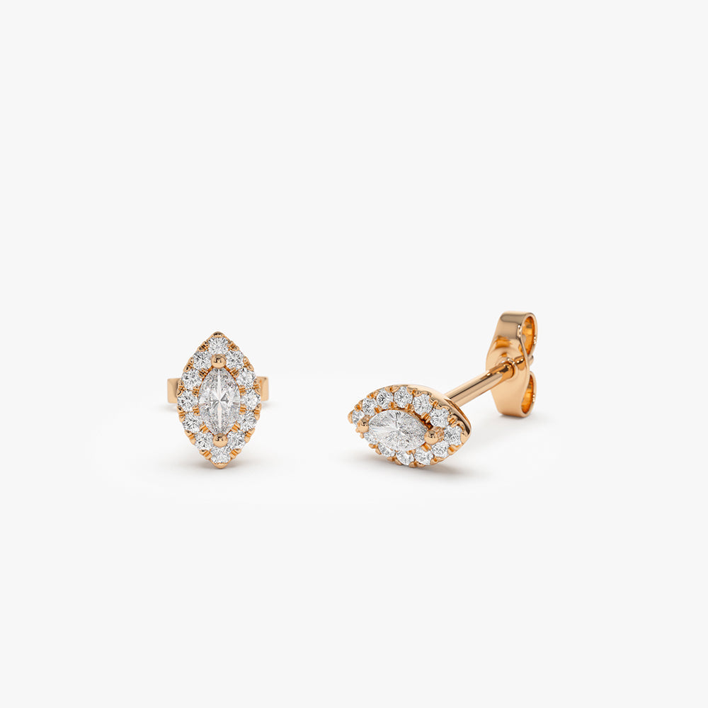 OBFJ0168 - 14k Rose Marquise Diamond in Halo Setting Diamond Studs 1