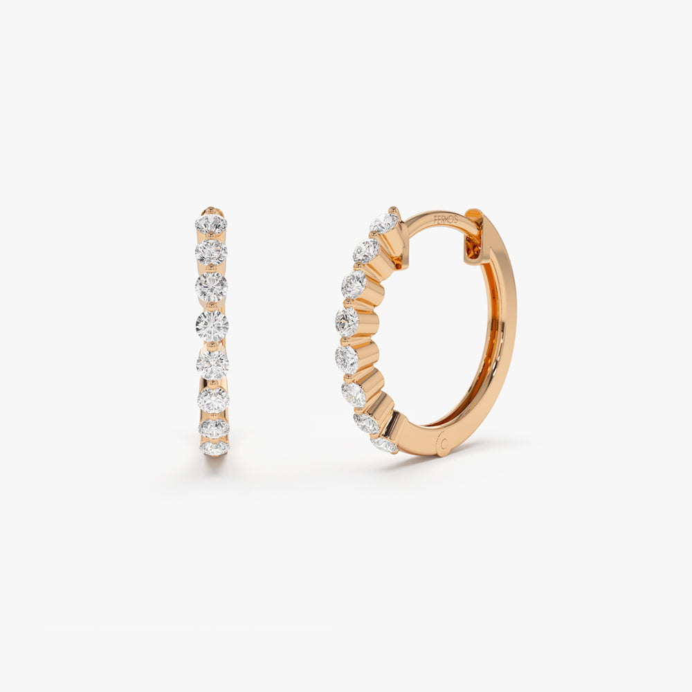 OBFJ0180 - 14k Rose Solid Gold Shared Prong Diamond Hoop Earrings 1