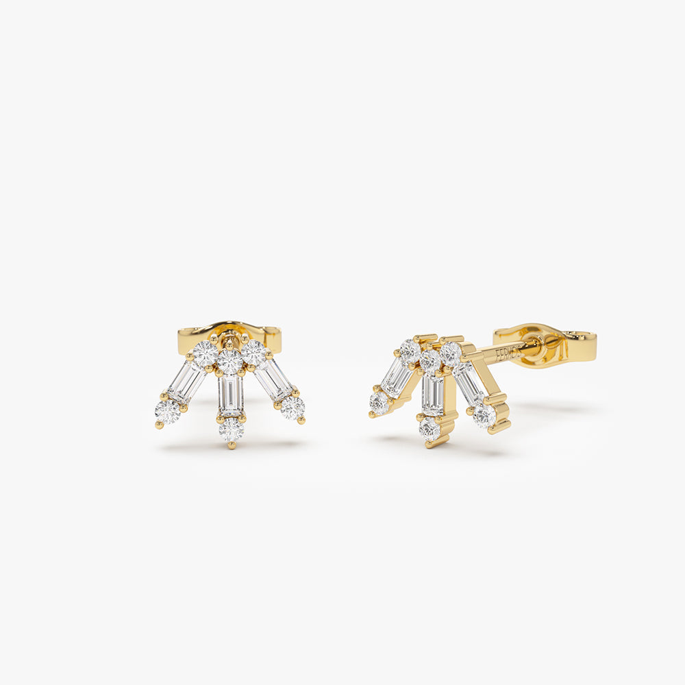 OBFJ2130 - 14k Baguette and Round Diamond Spike Studs 1
