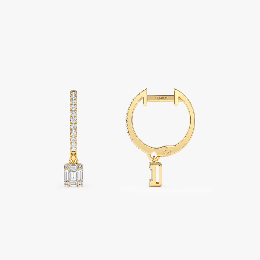 OBFJ2137 - 14k Diamond Huggie Earrings with Dangling Illusion Set Baguette Diamonds 7