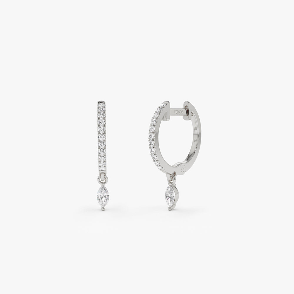 OBFJ2135 - 14k Diamond Huggies with a Dangling Marquise Diamond 6