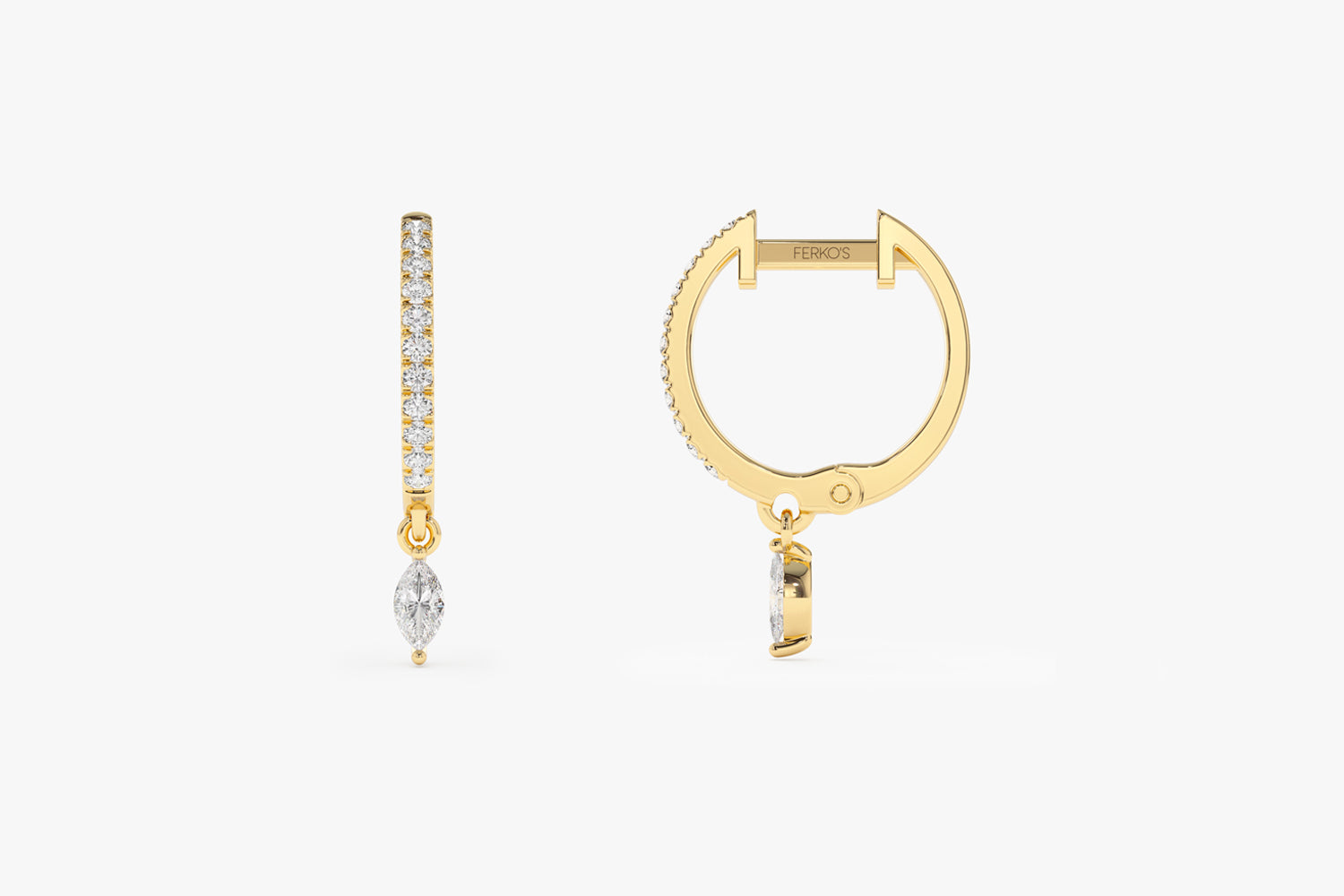 OBFJ2135 - 14k Diamond Huggies with a Dangling Marquise Diamond 7