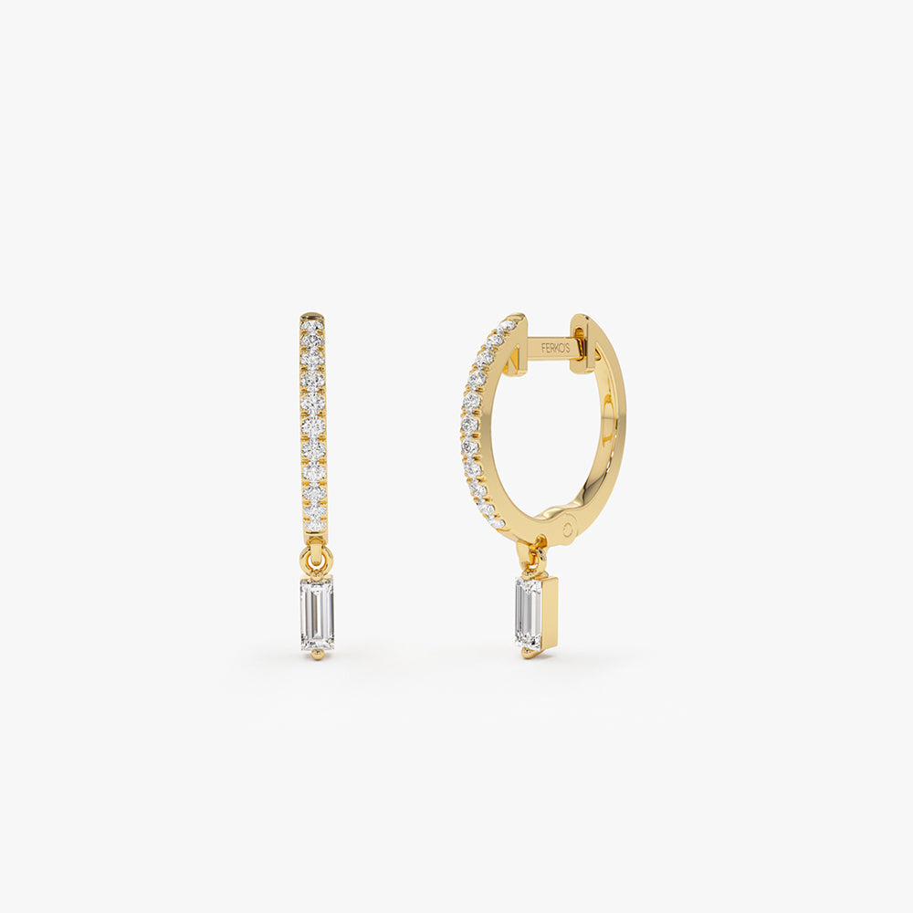 OBFJ2133 - 14k Diamond Huggies with a Dangling Baguette Diamond 1