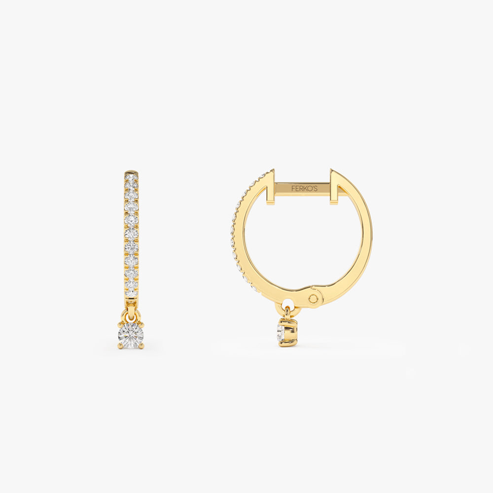 OBFJ2134 - 14k Diamond Huggies with a Dangling Round Diamond 6