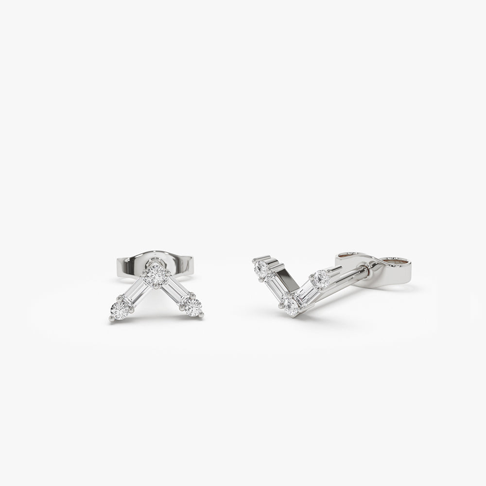 OBFJ2139 - 14k Minimal Baguette and Round Diamond Earrings 6