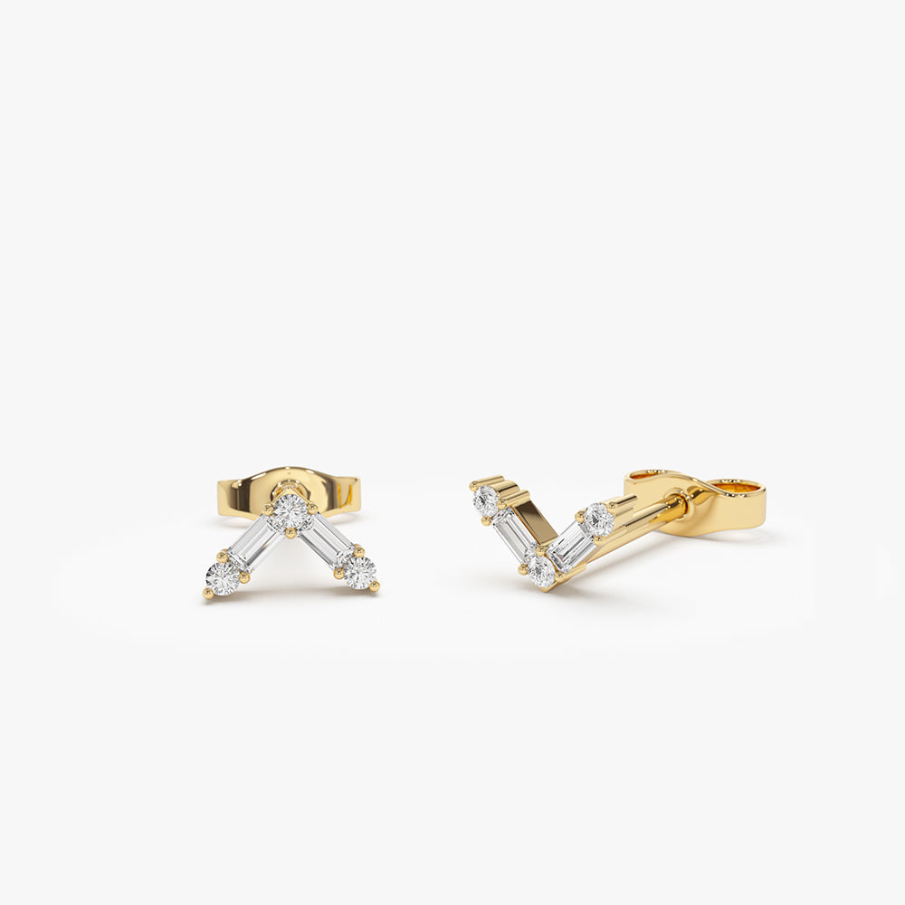 OBFJ2139 - 14k Minimal Baguette and Round Diamond Earrings 1