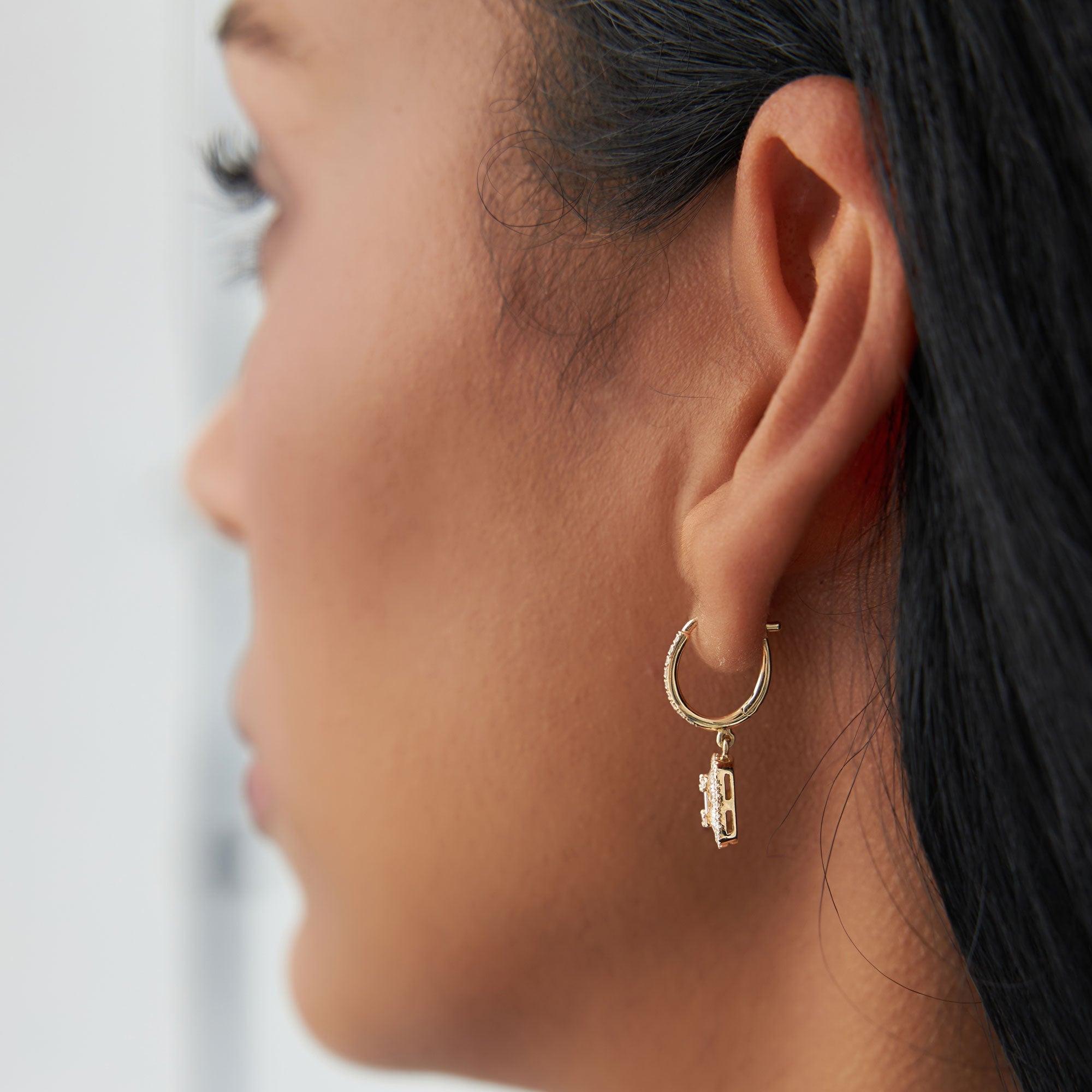 OBFJ0199 - 14k Rose Illusion Setting Baguette Diamond Dangling Hoop Earrings 5