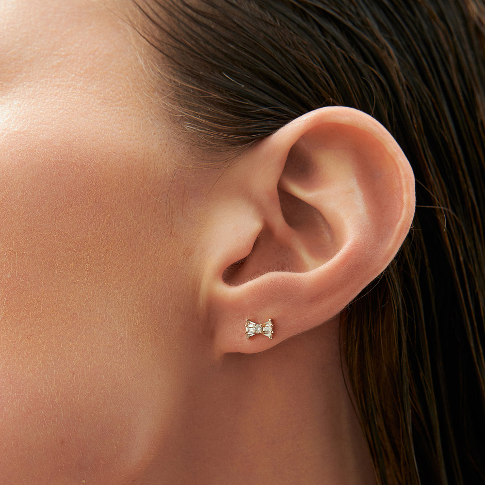 OBFJ2261 - 14k Baguette and Round Diamond Bow Stud Earrings 2