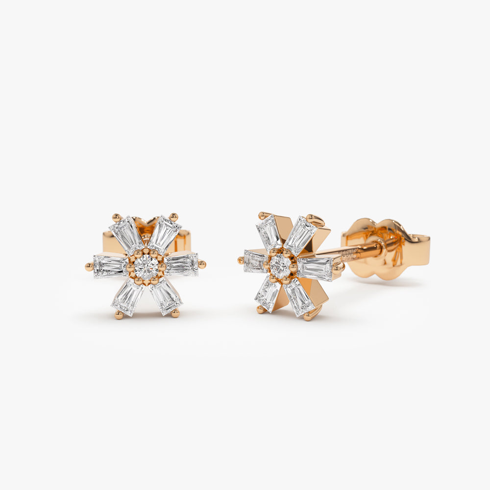 OBFJ2279 - 14k Mini Flower Baguette Diamond Earrings 3