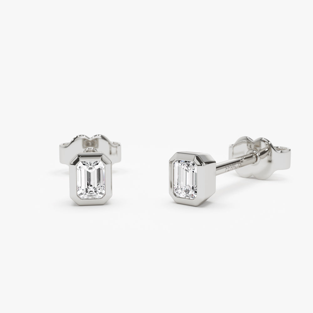 OBFJ1474 - 14k Emerald Cut Bezel Setting Stud Earrings 4