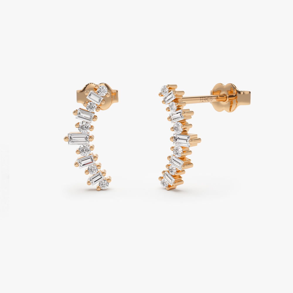 OBFJ0188 - 14k Rose Baguette and Round Diamond Ear Crawler Earrings 1