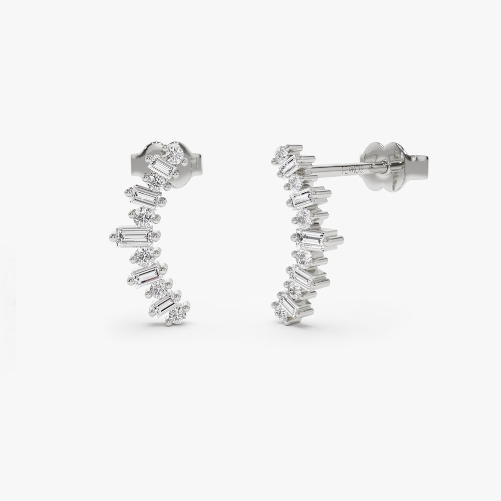 OBFJ1556 - 14k Baguette and Round Diamond Ear Crawler Earrings 5
