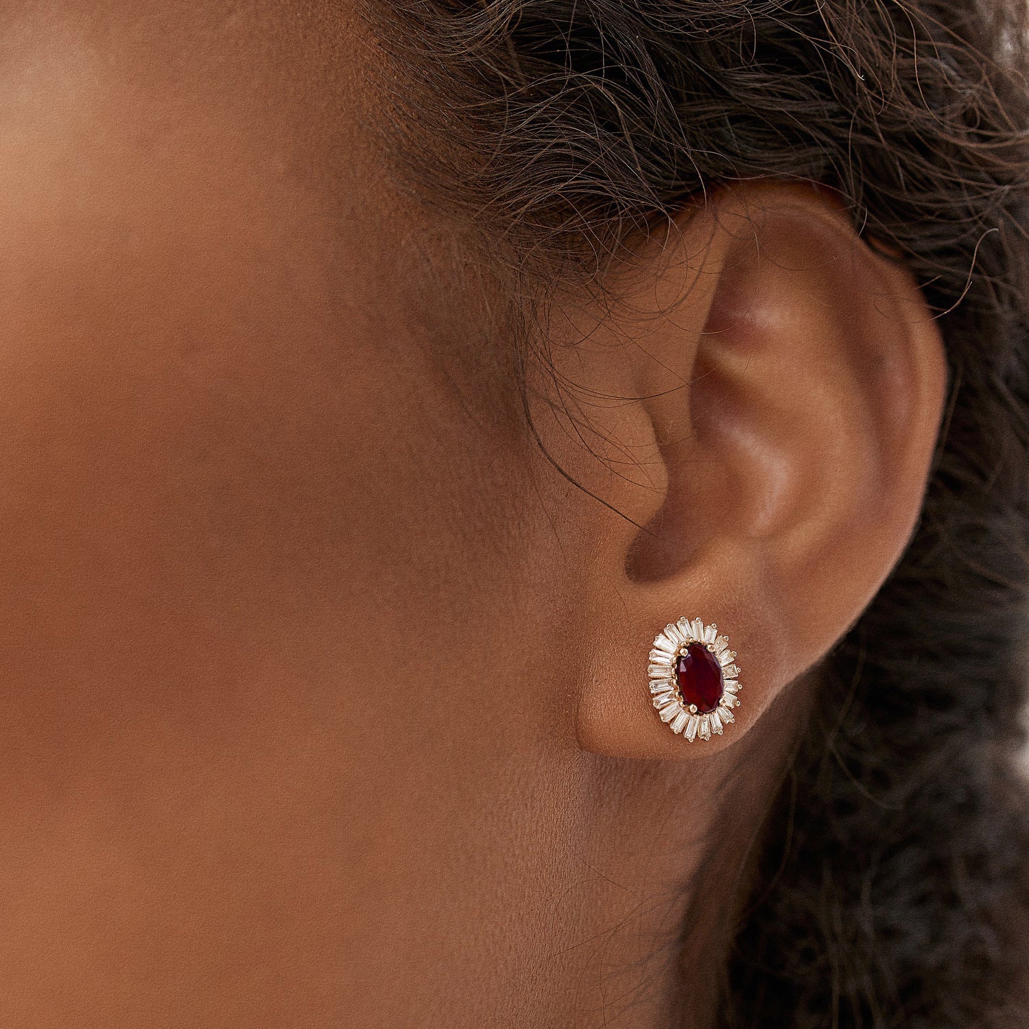 OBFJ1442 - 14k Ruby and Baguette Diamond Ballerina Stud Earrings 3