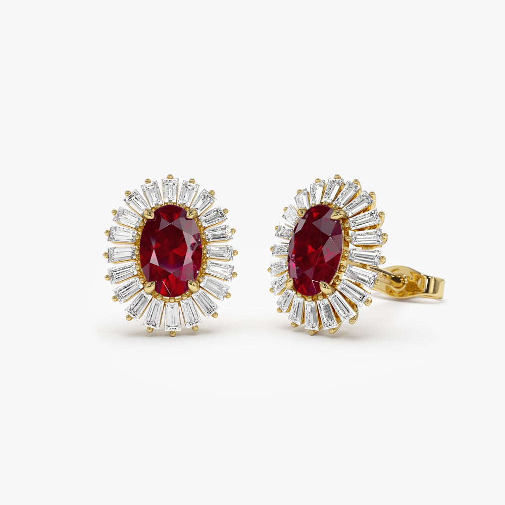 OBFJ1442 - 14k Ruby and Baguette Diamond Ballerina Stud Earrings 1