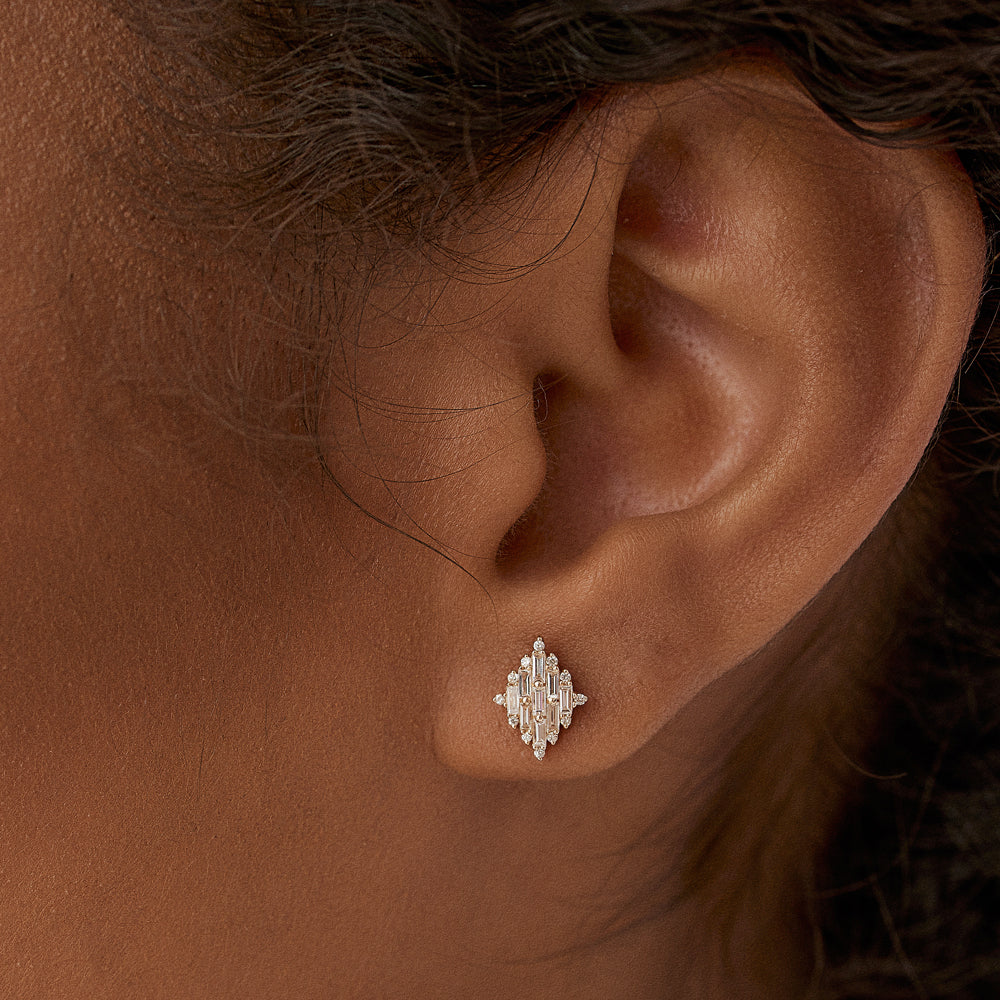 OBFJ1515 - 14k Trendy Baguette Diamond Cluster Studs 2
