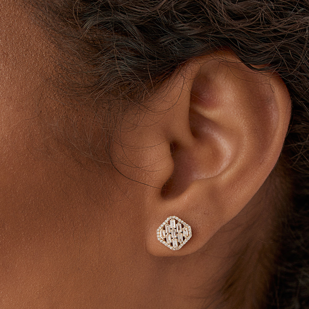 OBFJ1514 - 14k Baguette Diamond Earrings in Halo Setting 2