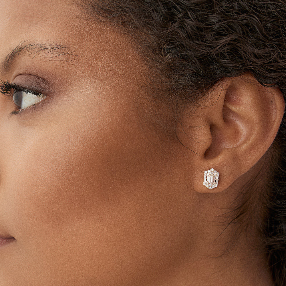 OBFJ1513 - 14k Baguette & Round Diamond Hexagon Studs 3