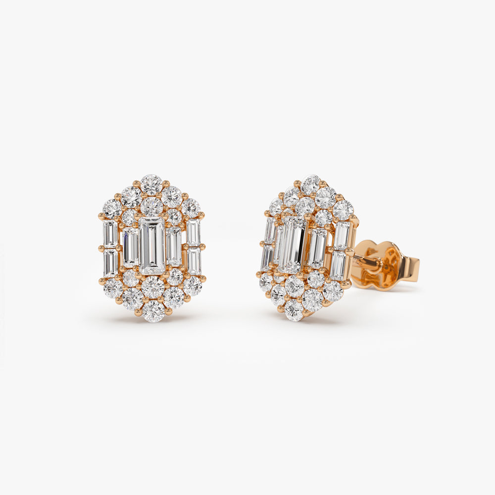 OBFJ1513 - 14k Baguette & Round Diamond Hexagon Studs 4