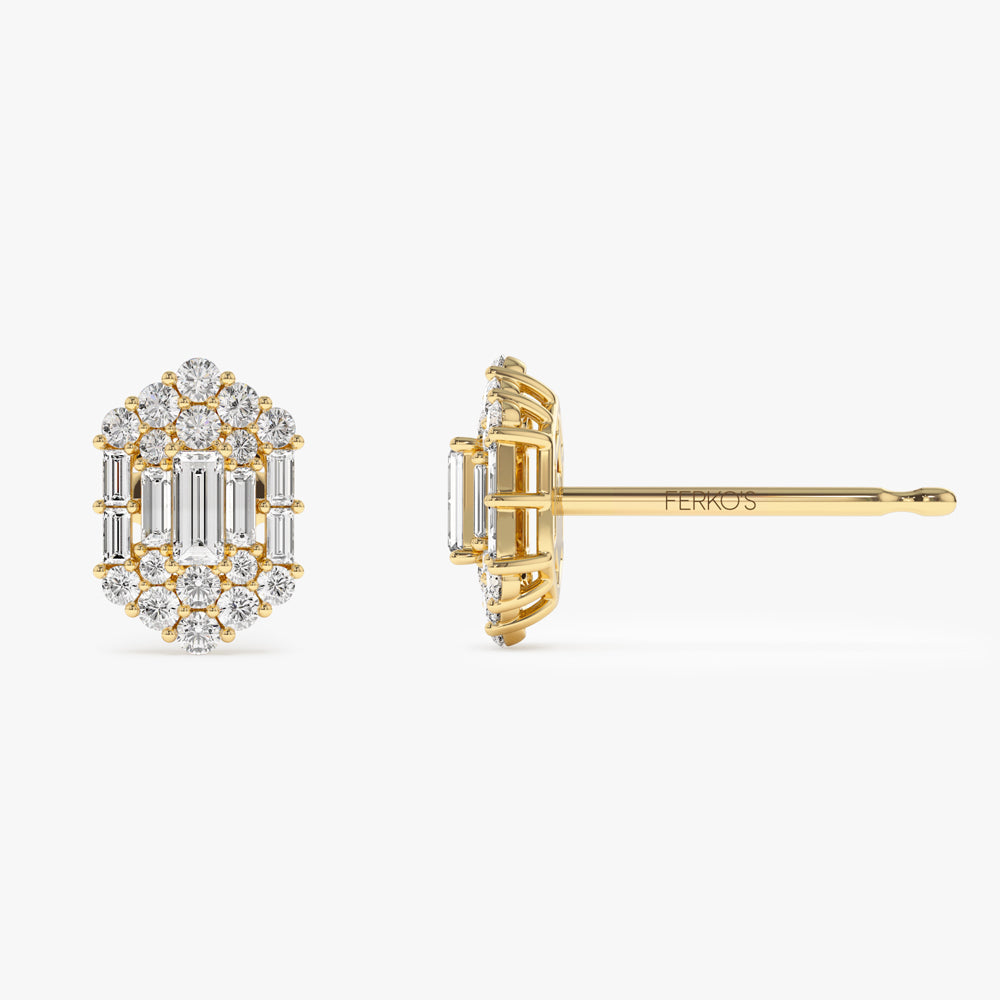 OBFJ1513 - 14k Baguette & Round Diamond Hexagon Studs 6