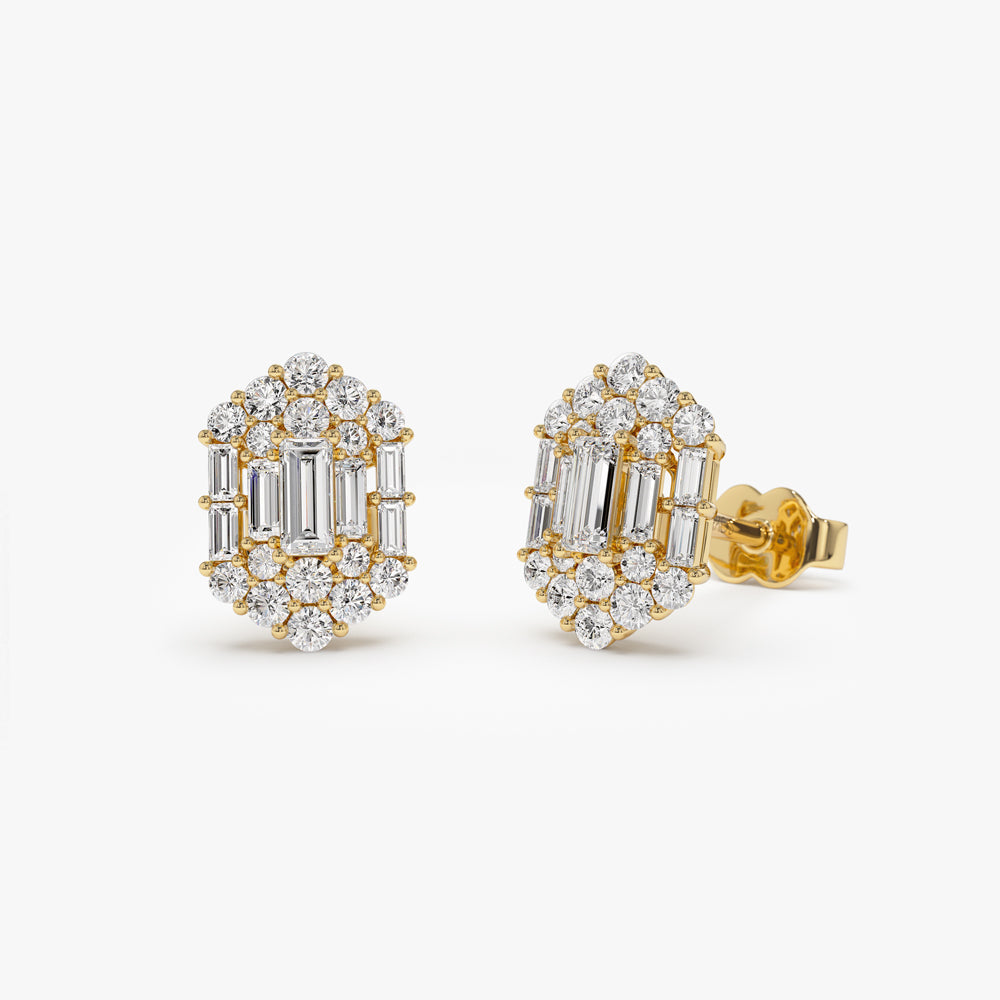 OBFJ1513 - 14k Baguette & Round Diamond Hexagon Studs 1