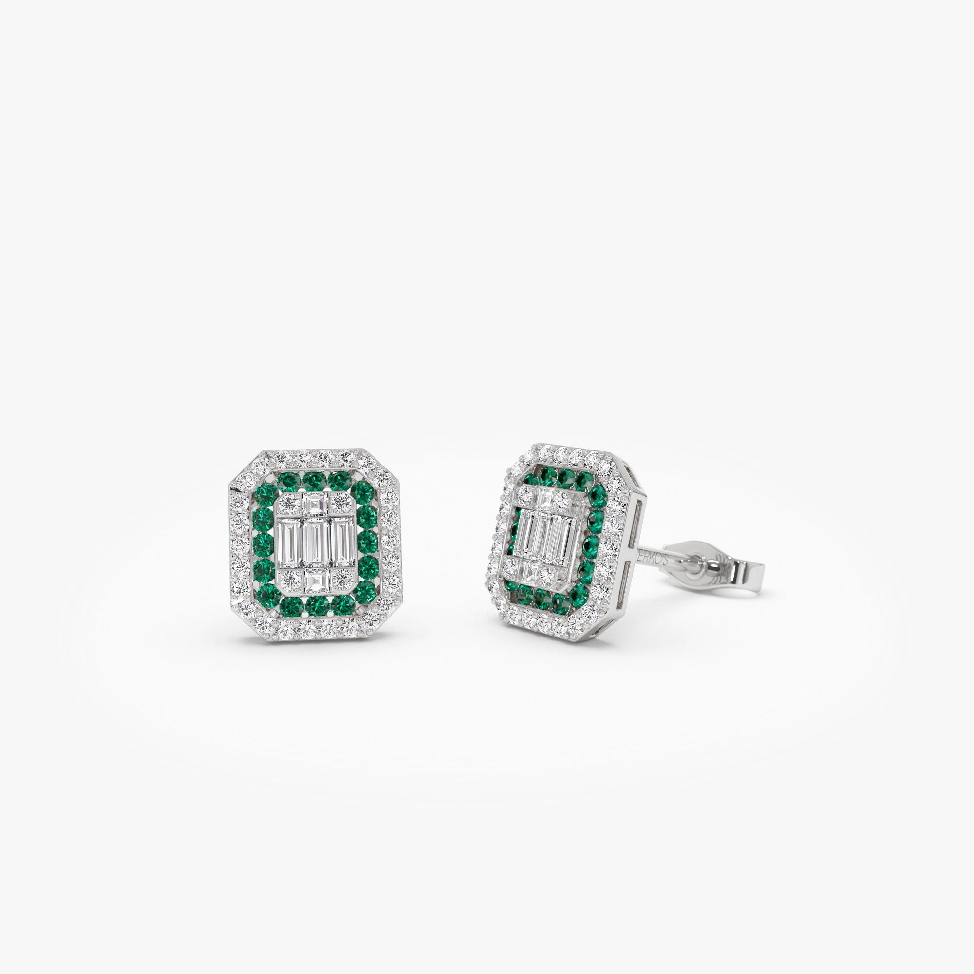 OBFJ1211 - 14k Baguette and Round Emerald Studs Halo Setting 4