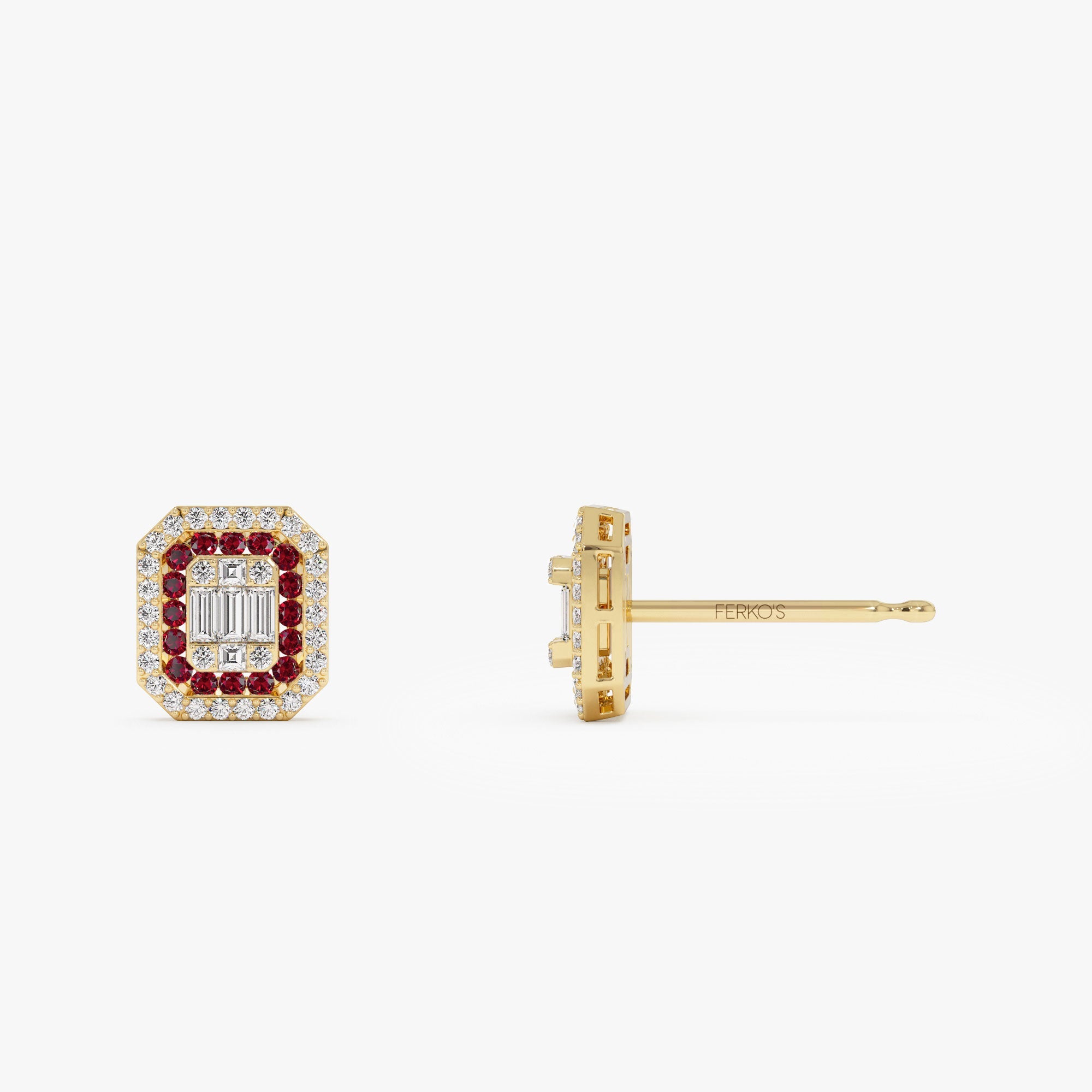 OBFJ1210 - 14k Baguette and Round Ruby Studs Halo Setting 5