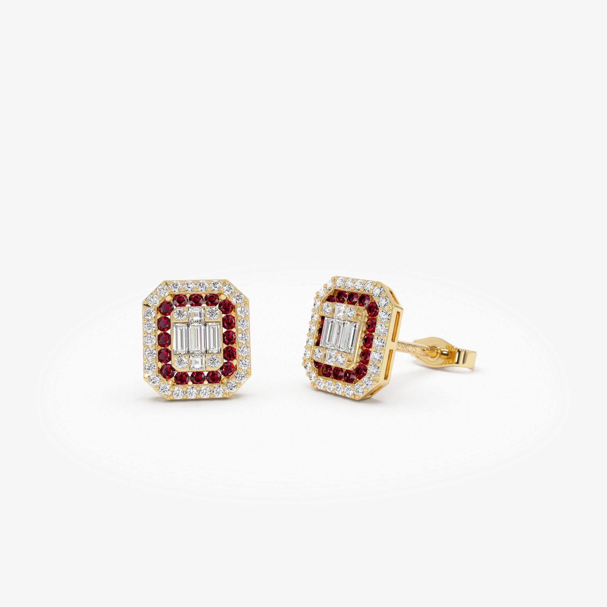 OBFJ1210 - 14k Baguette and Round Ruby Studs Halo Setting 1
