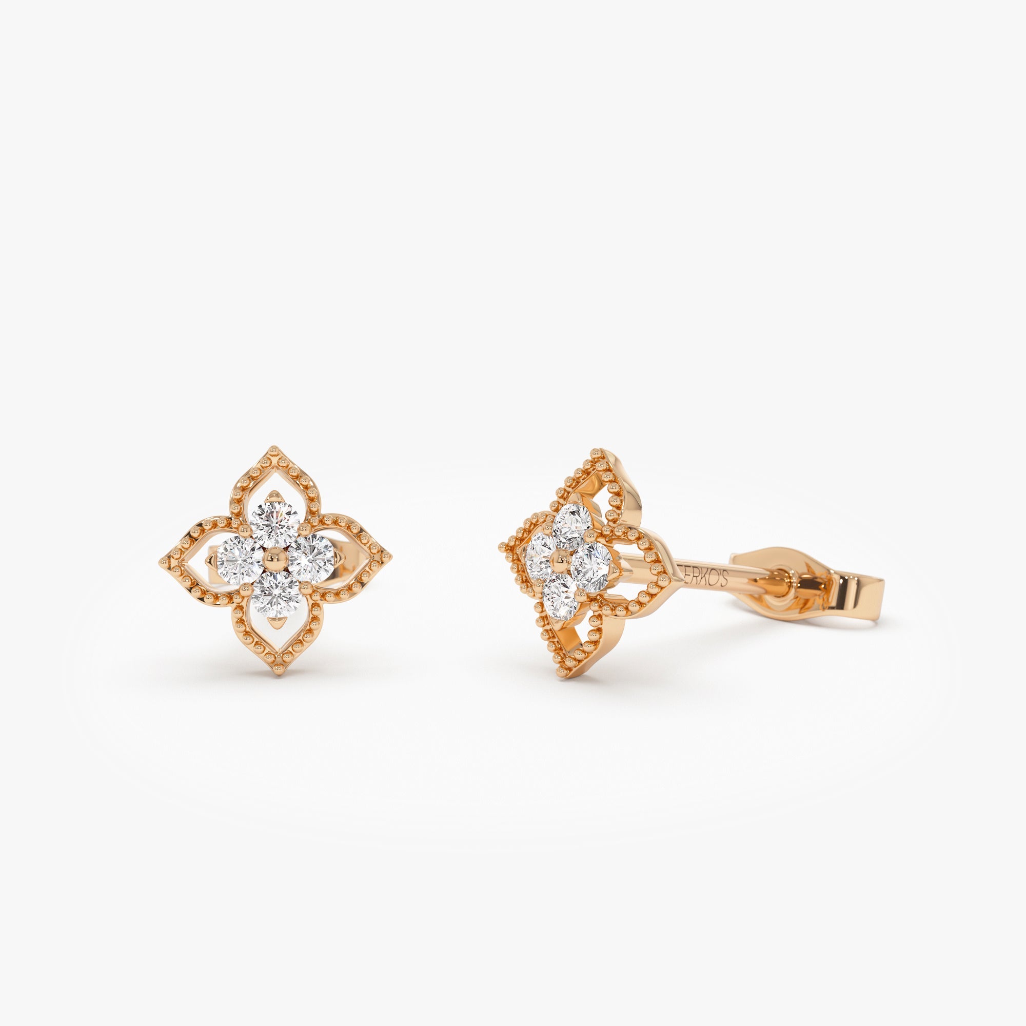 OBFJ0753 - 14K Floral Design Diamond Cluster Stud Earrings 5