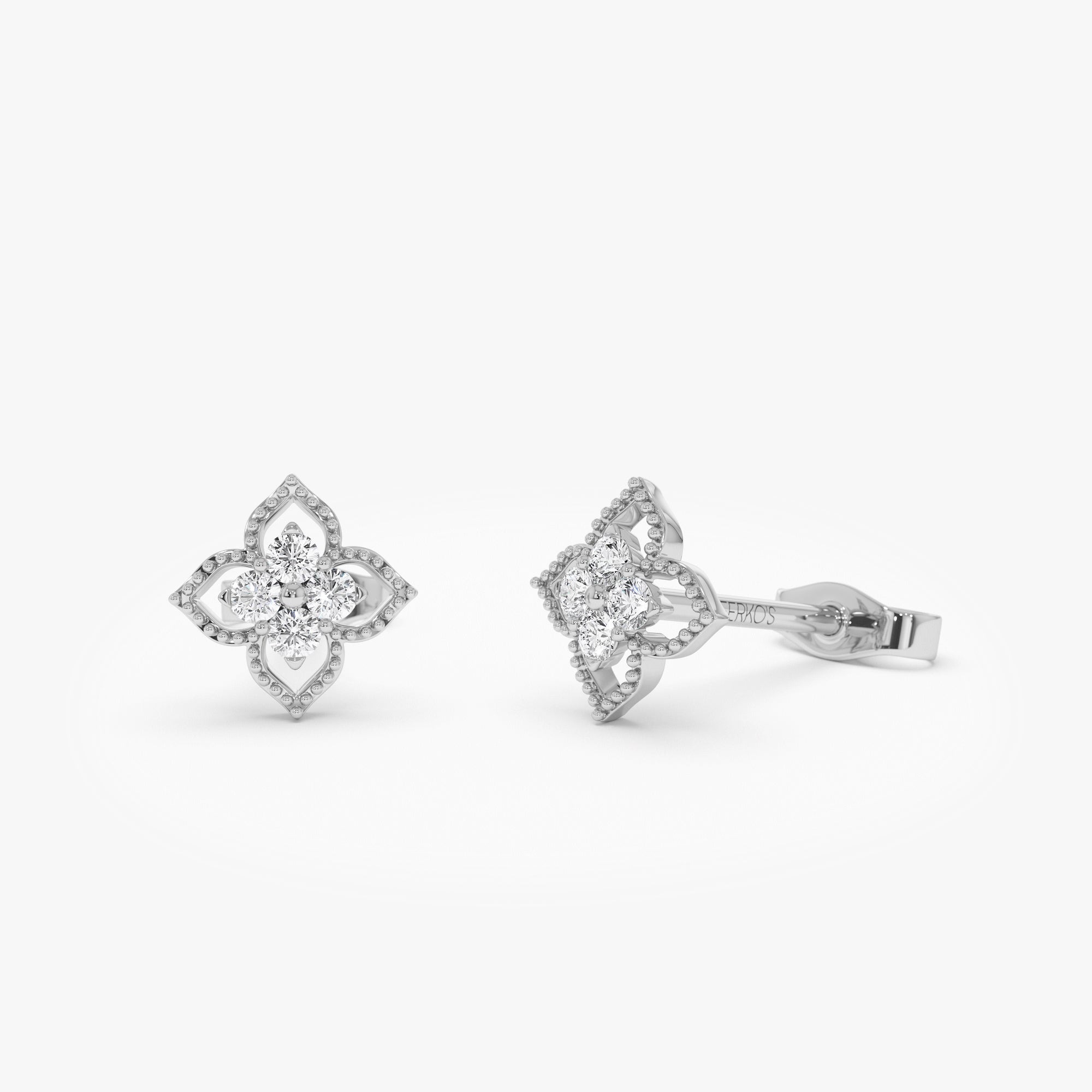OBFJ0753 - 14K Floral Design Diamond Cluster Stud Earrings 6