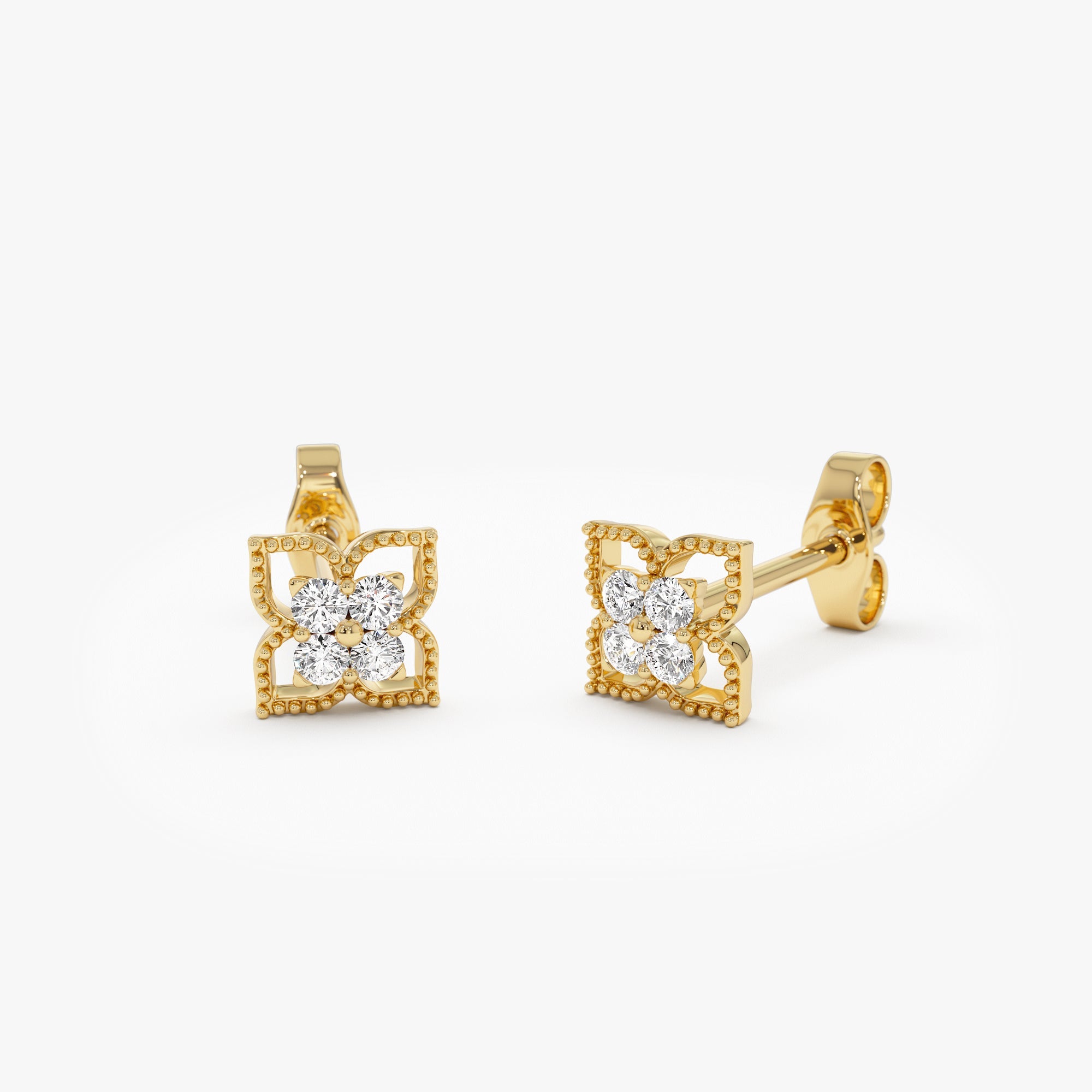 OBFJ0753 - 14K Floral Design Diamond Cluster Stud Earrings 8