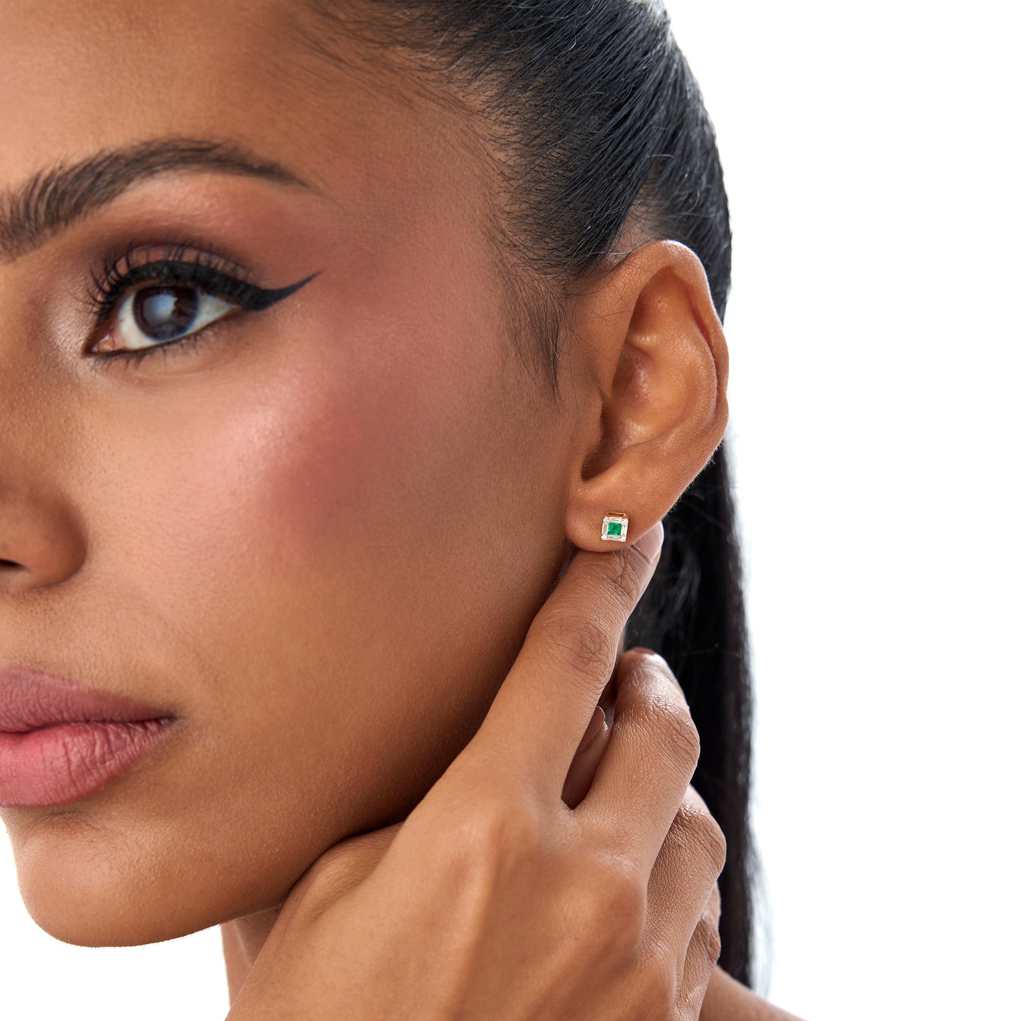 OBFJ0878 - 14K Princess-Cut Emerald Stud Earrings with Diamond Halo 3