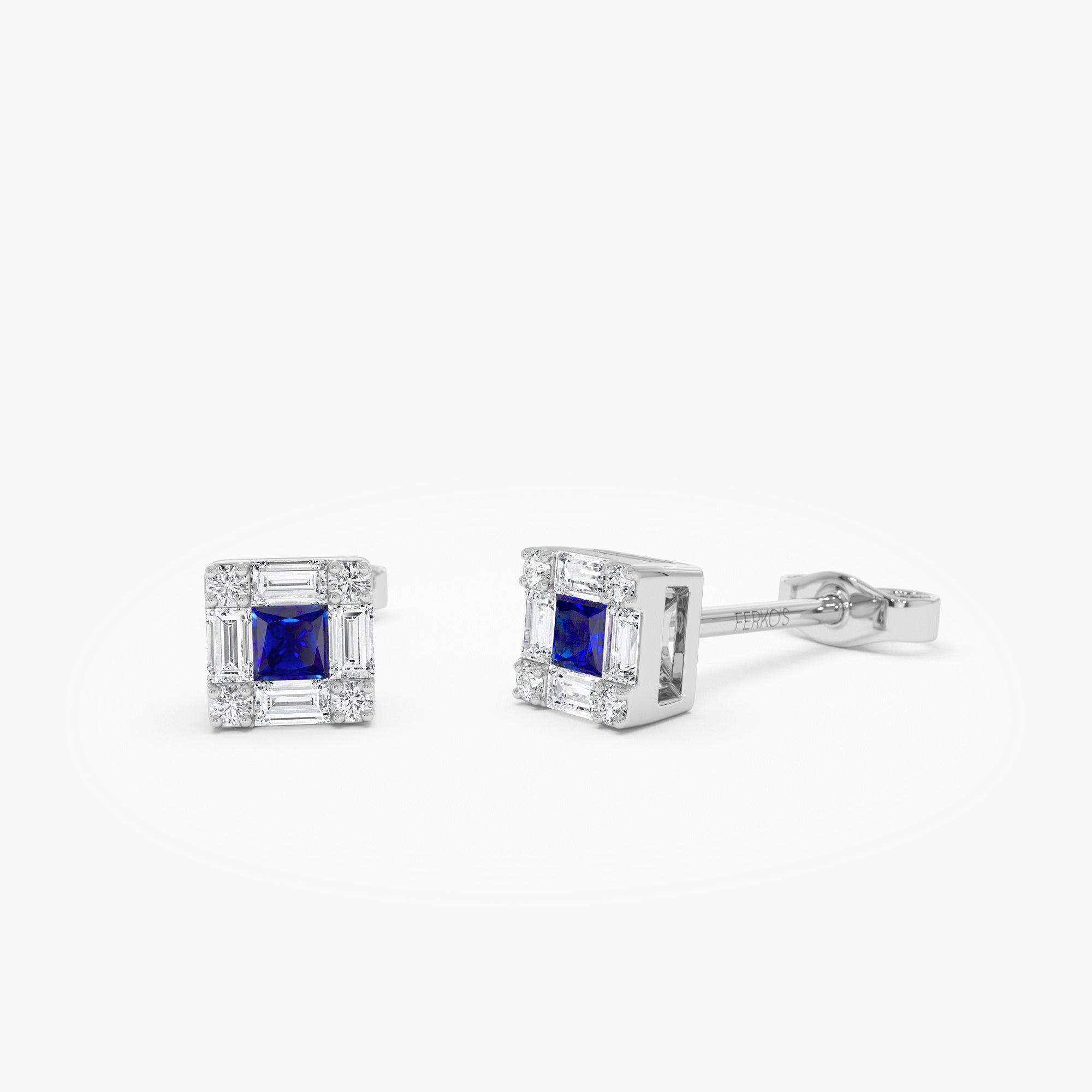 OBFJ0876 - 14K Princess-Cut Sapphire Stud Earrings with Diamond Halo 6