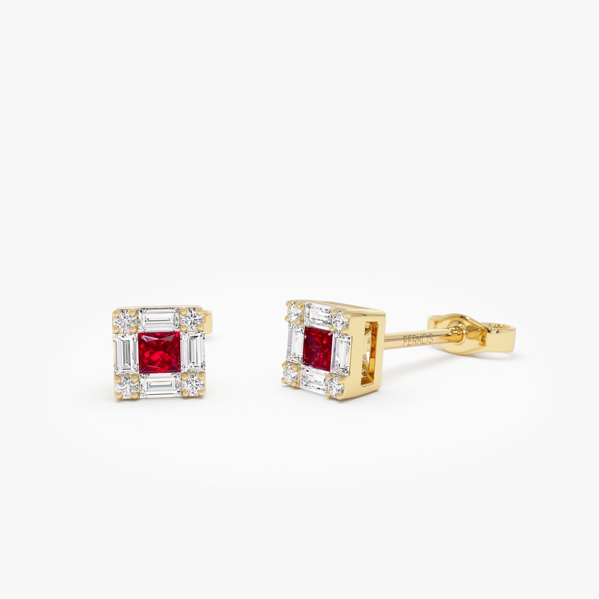 OBFJ0877 - 14K Princess-Cut Ruby Stud Earrings with Diamond Halo 1