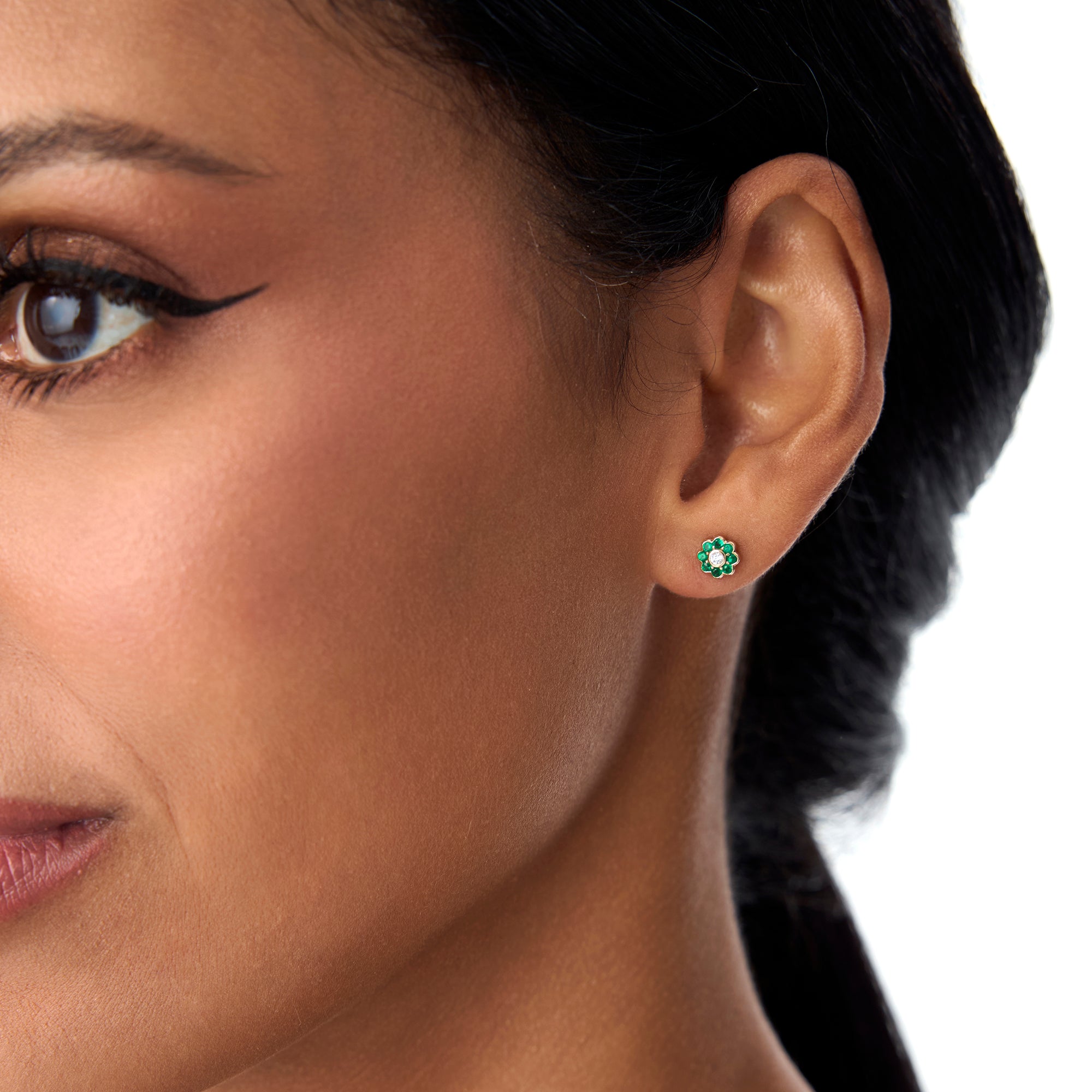 OBFJ0892 - 14K Bezel Setting Emerald Flower Diamond Studs 2