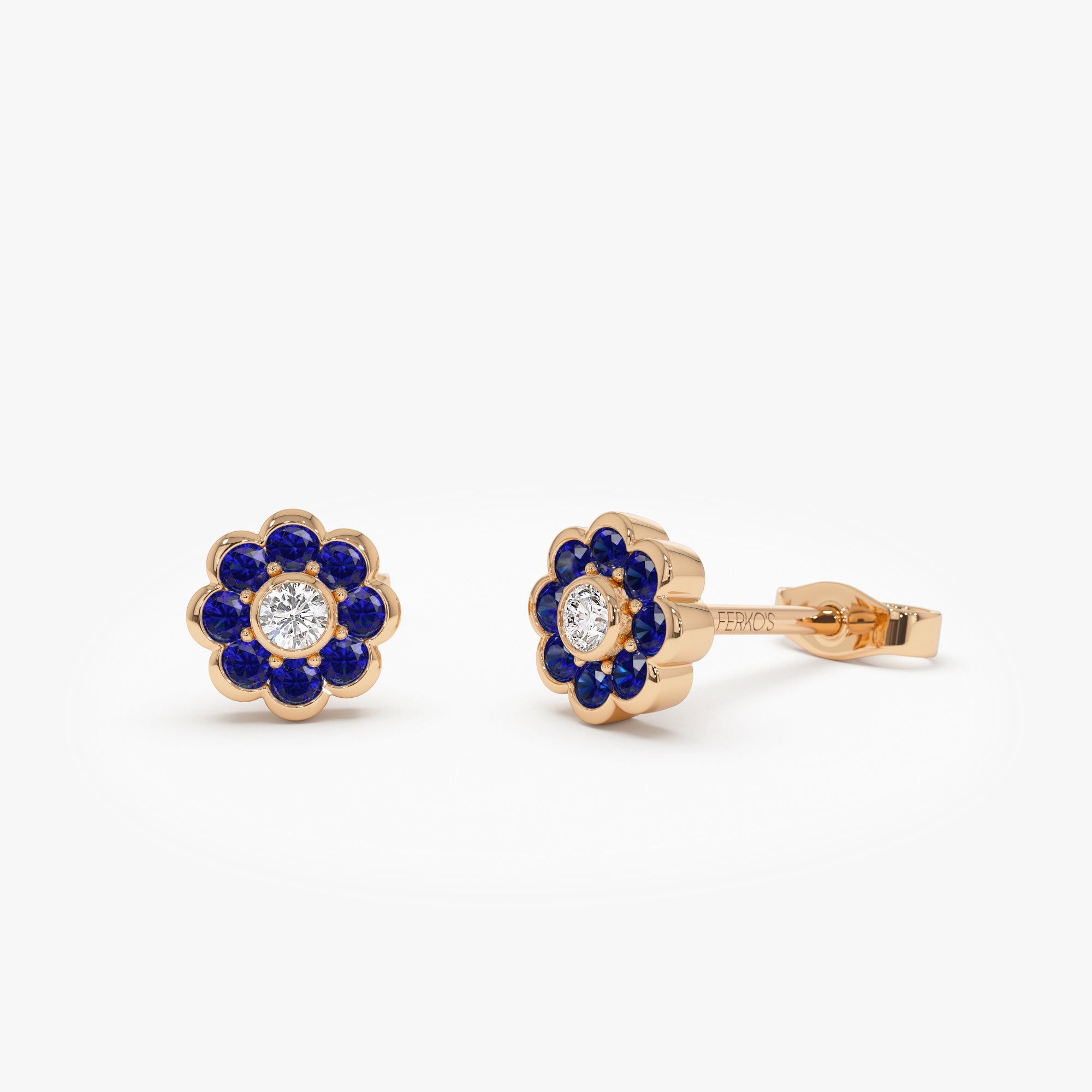 OBFJ0890 - 14K Bezel Setting Sapphire Flower Diamond Studs 4