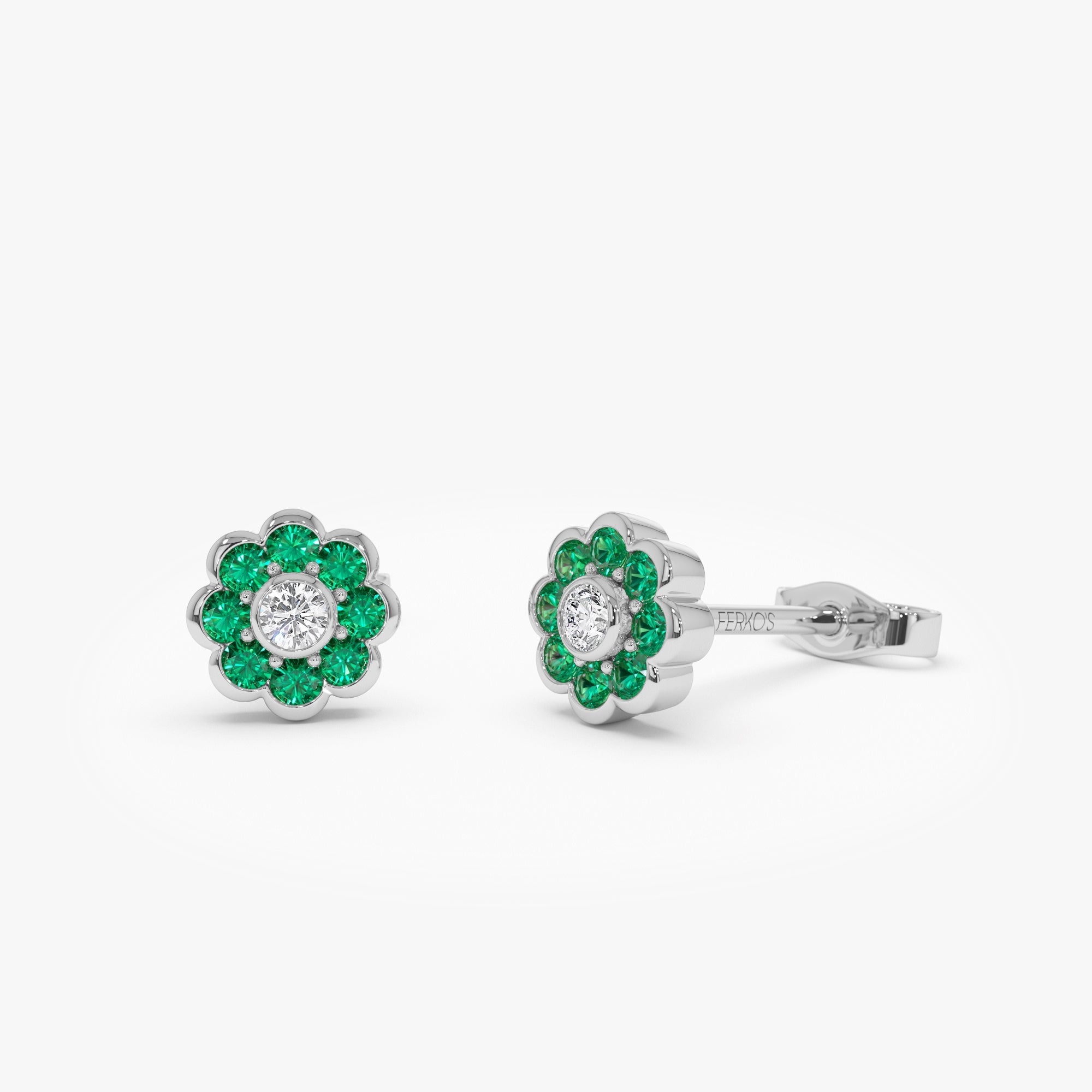 OBFJ0892 - 14K Bezel Setting Emerald Flower Diamond Studs 6