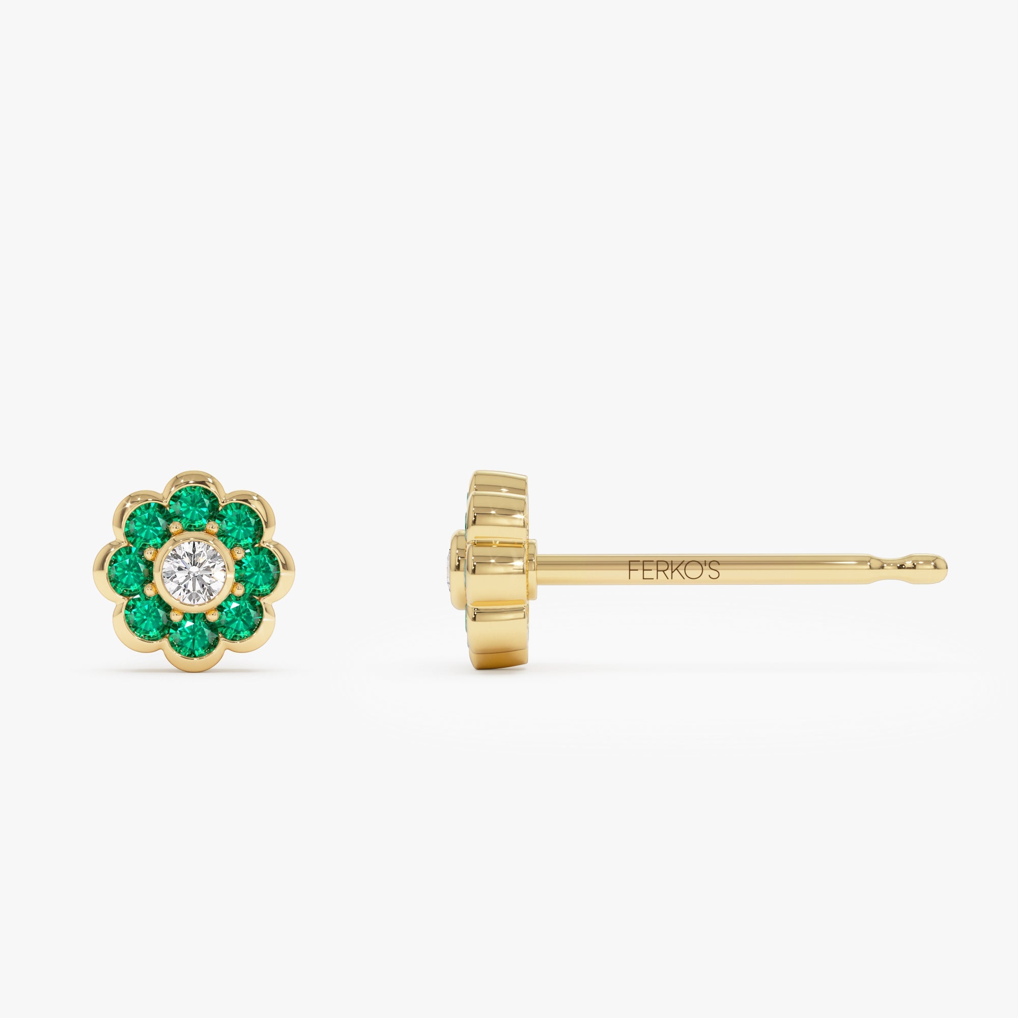 OBFJ0892 - 14K Bezel Setting Emerald Flower Diamond Studs 7