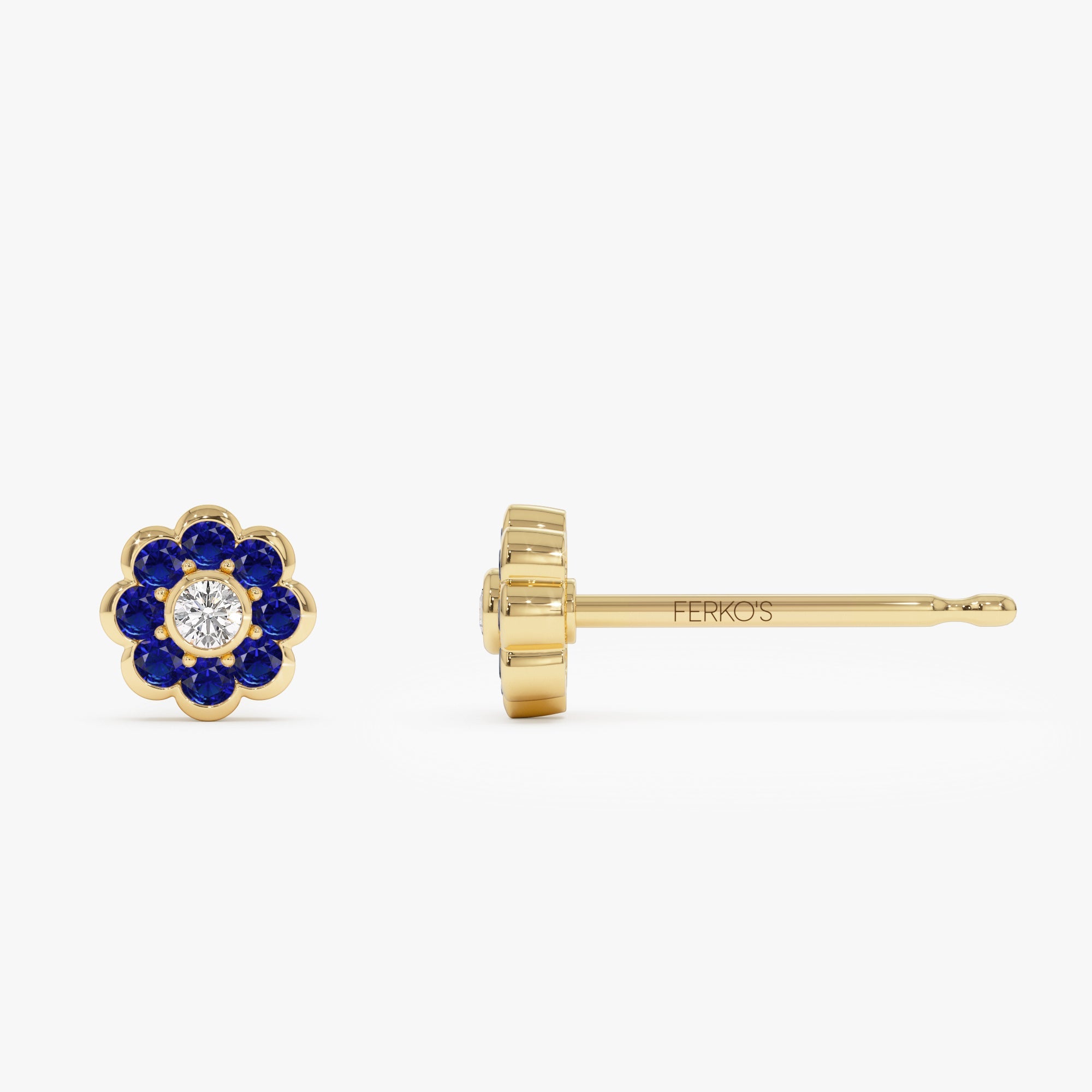 OBFJ0890 - 14K Bezel Setting Sapphire Flower Diamond Studs 6