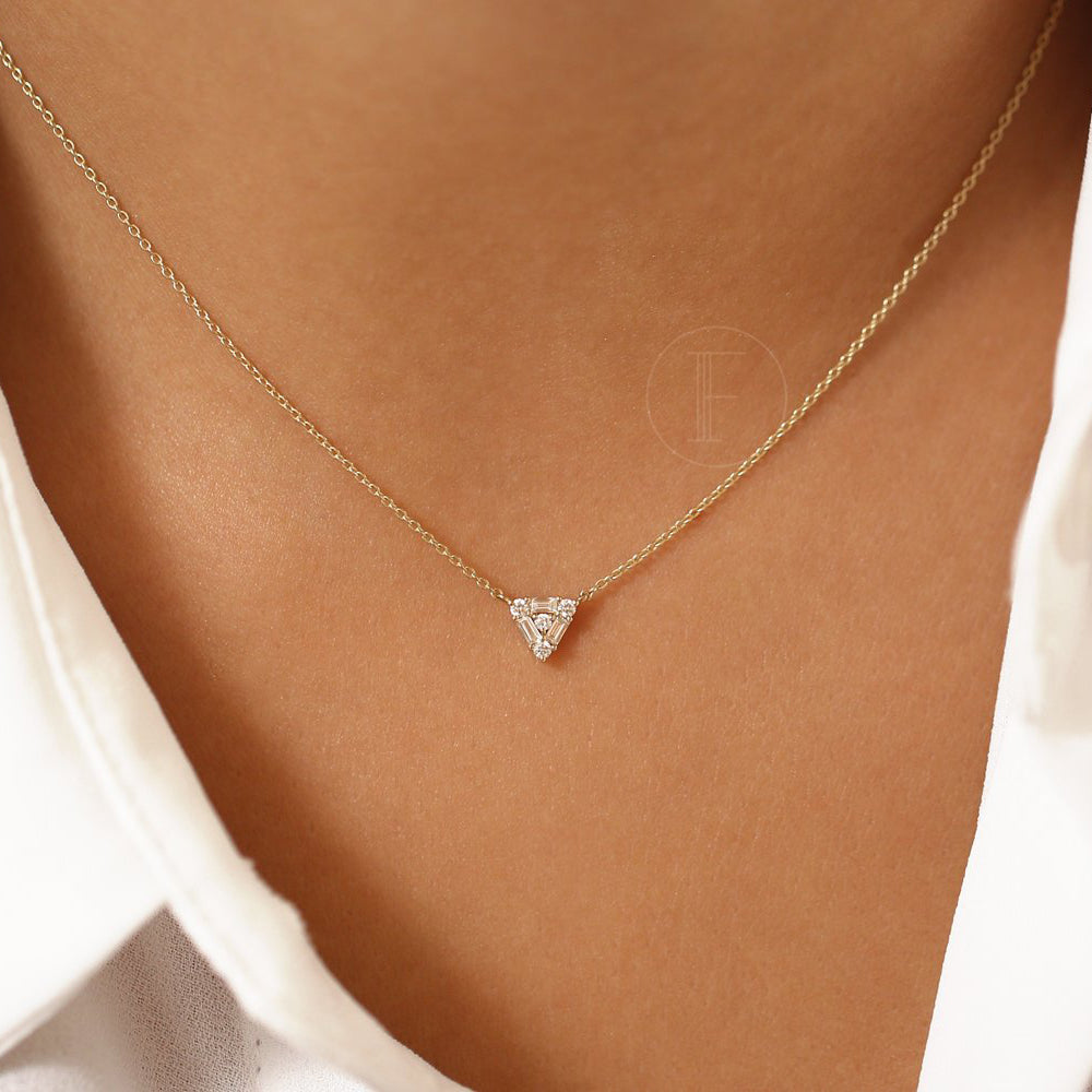 OBFJ2000 - Triangle Shaped Round and Baguette Diamond Necklace necklace in selectable metal and diamond options - Roselle Jewelry view 2