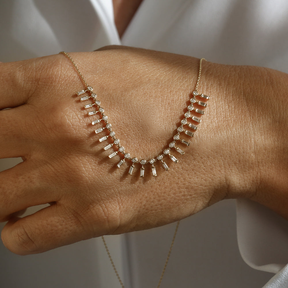 OBFJ2084 - Baguette and Round Diamonds Statement Piece Necklace necklace in selectable metal and diamond options - Roselle Jewelry view 5