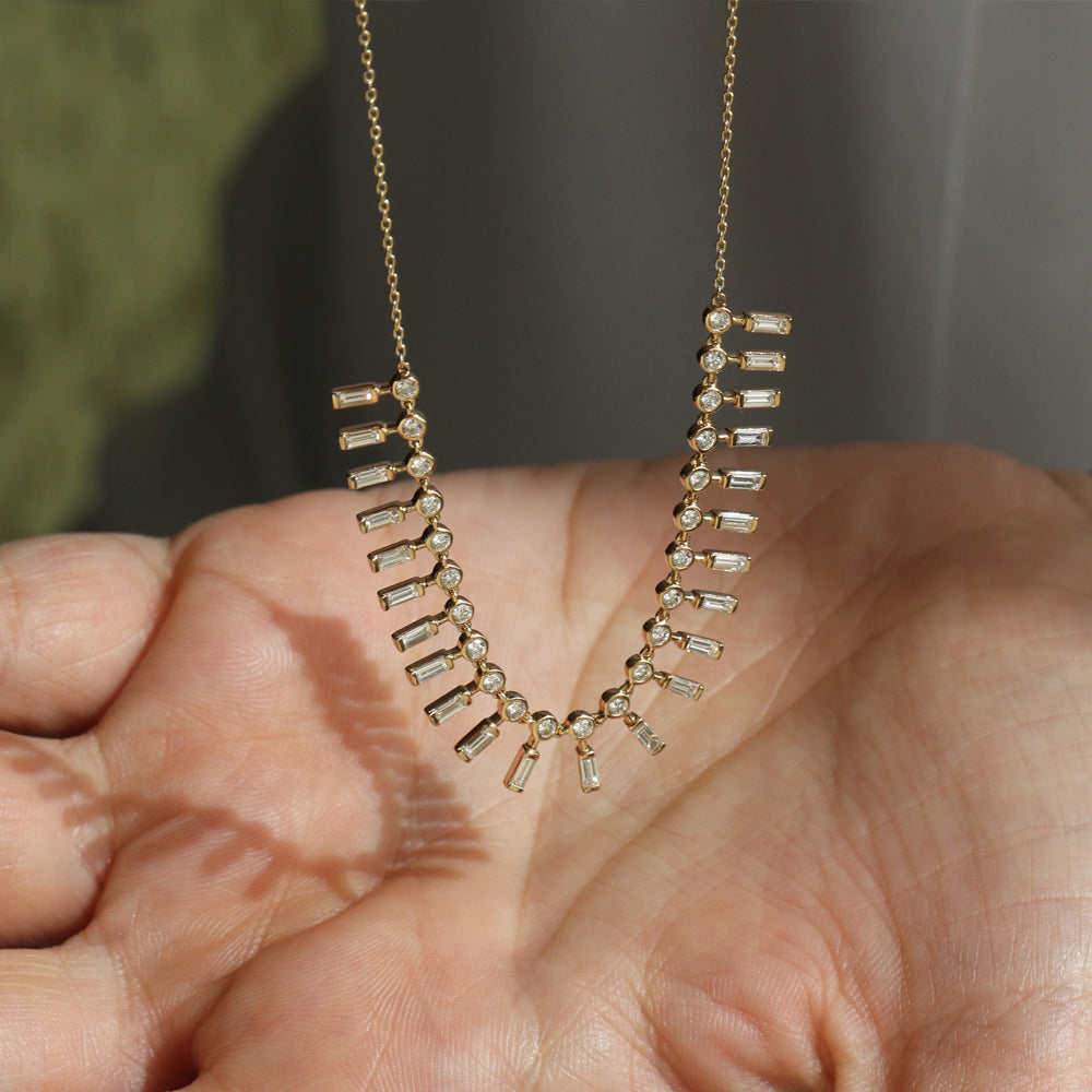 OBFJ2084 - Baguette and Round Diamonds Statement Piece Necklace necklace in selectable metal and diamond options - Roselle Jewelry view 6