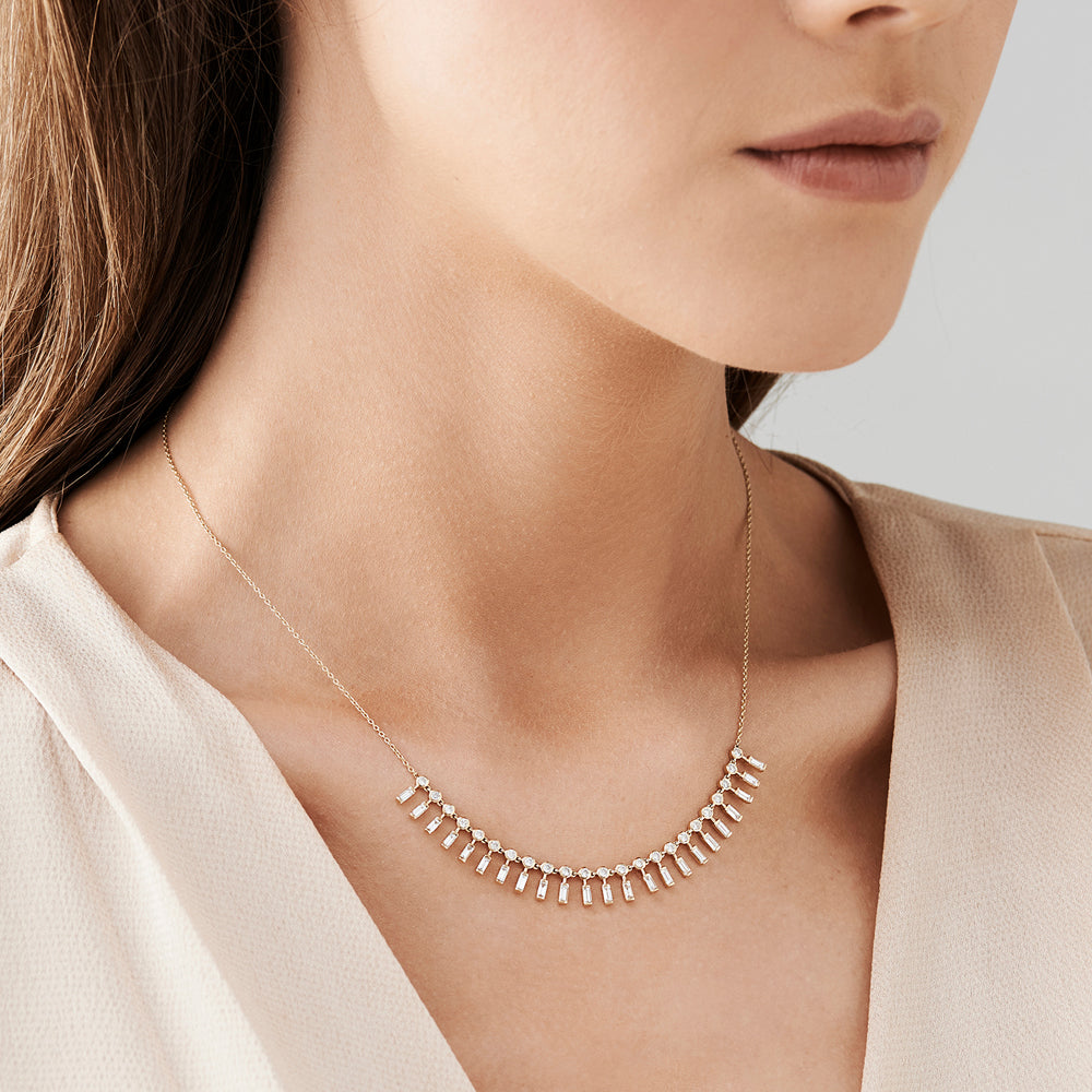 OBFJ2084 - Baguette and Round Diamonds Statement Piece Necklace necklace in selectable metal and diamond options - Roselle Jewelry view 4