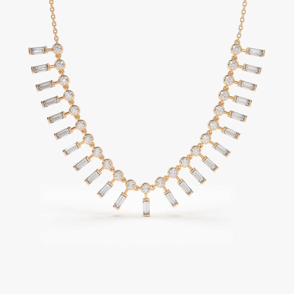 OBFJ2084 - Baguette and Round Diamonds Statement Piece Necklace necklace in selectable metal and diamond options - Roselle Jewelry view 7