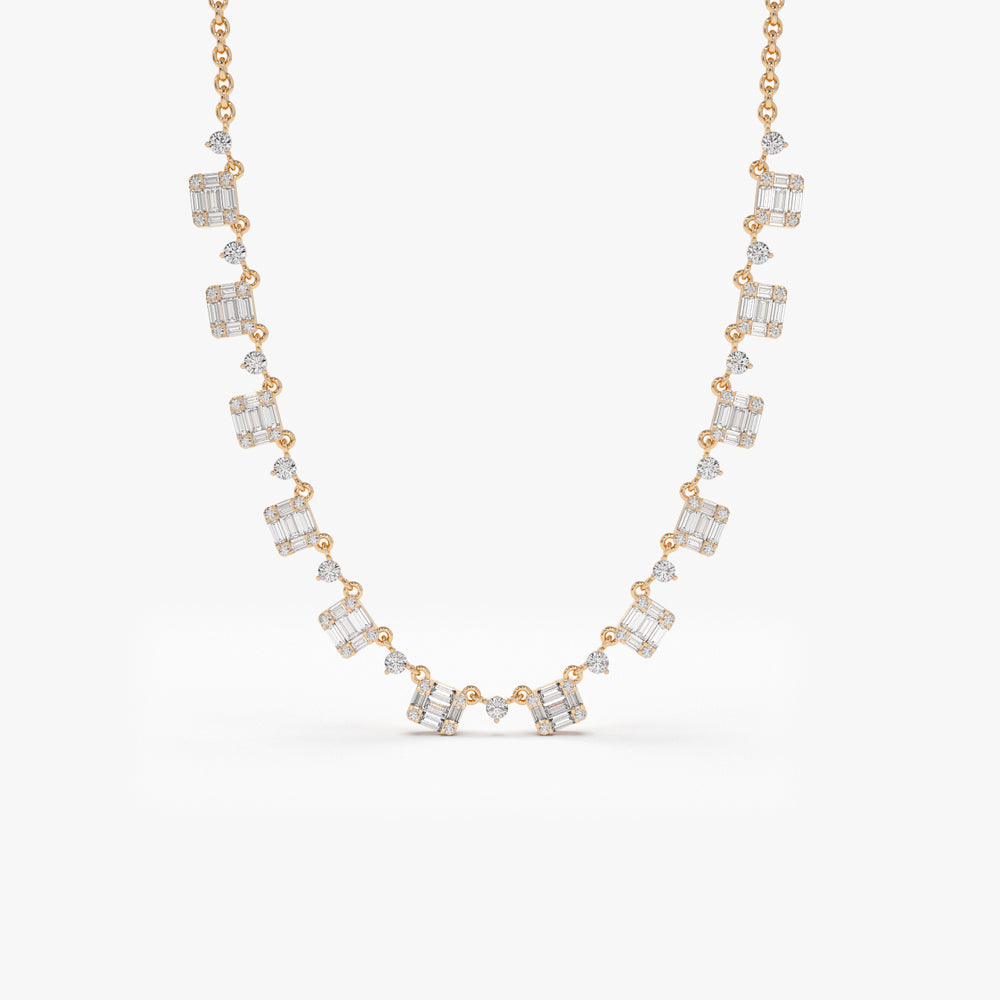 OBFJ2097 - Solid Gold Illusion Setting Baguette Diamond Statement Necklace necklace in selectable metal and diamond options - Roselle Jewelry view 4